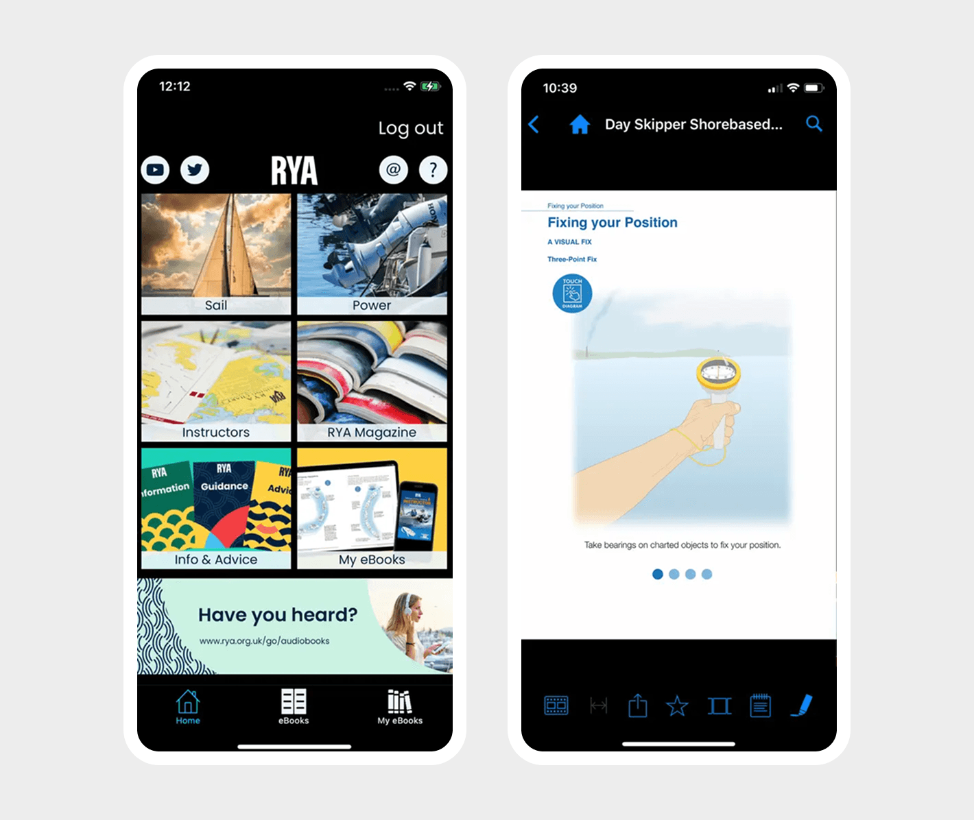 Two smartphone screens displaying different apps with a focus on navigation and user interface.
